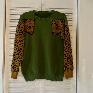 Green Sweater with Leopard Print Sleeves